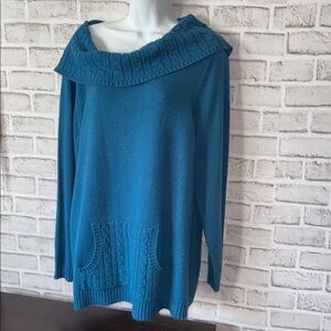 Fashion Bug Teal green Cowl fold over cable knit sweater pocket 2X